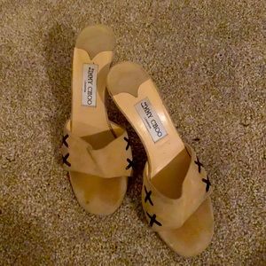 Jimmy choo tan swead slides